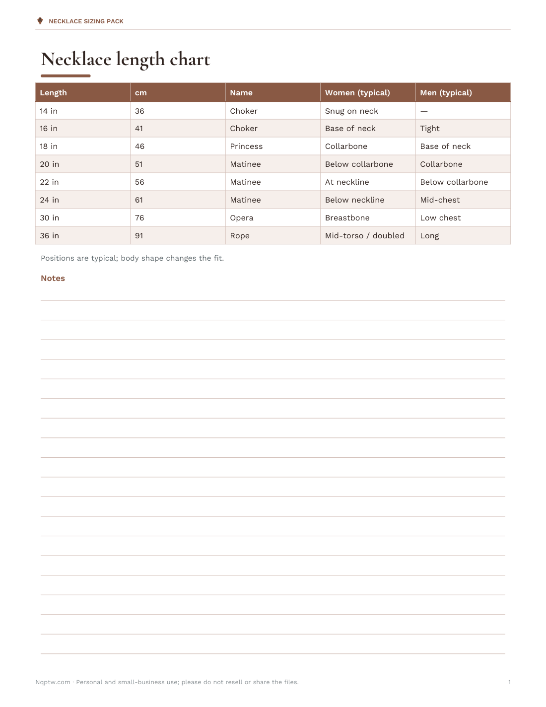 Preview of the first page of Length chart (PDF/XLSX)